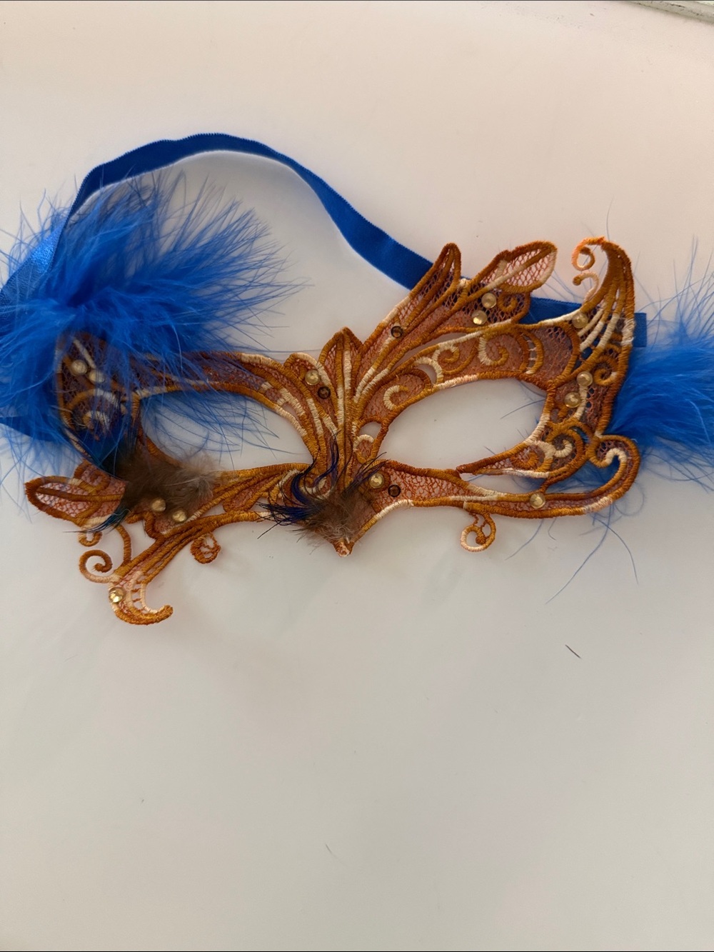 Handmade Swarovski Crystal Feather Masquerade Mask BLUE AND TAN